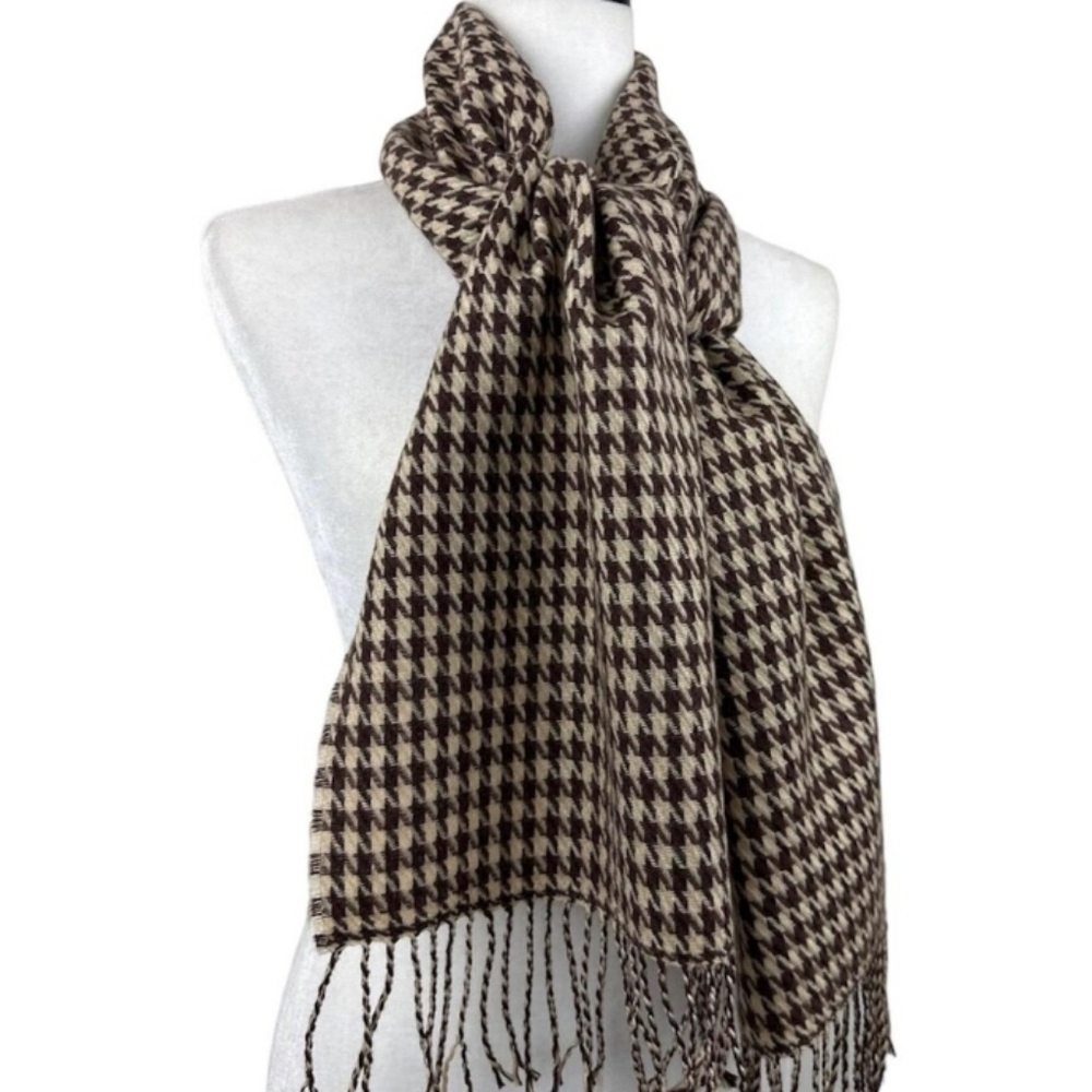 100% Clear Silk Tassel Scarf Unisex Camel beige Brown Houndstooth Luxury